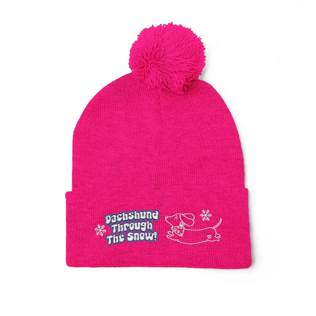 Cozy embroidered beanie with dachshund art by Sweet Roo Bou. A playful winter hat in six colors for dog lovers and fun