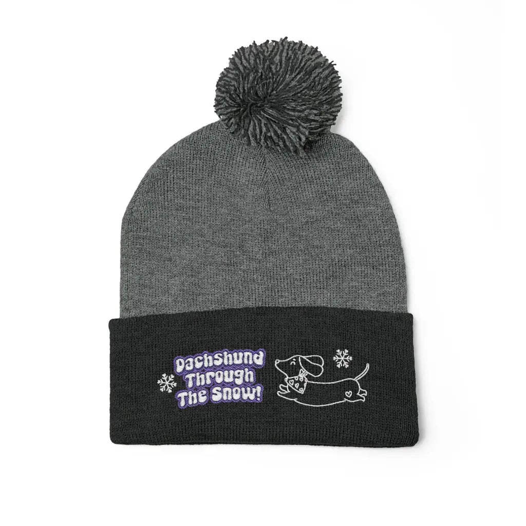 Cozy embroidered beanie with dachshund art by Sweet Roo Bou. A playful winter hat in six colors for dog lovers and fun