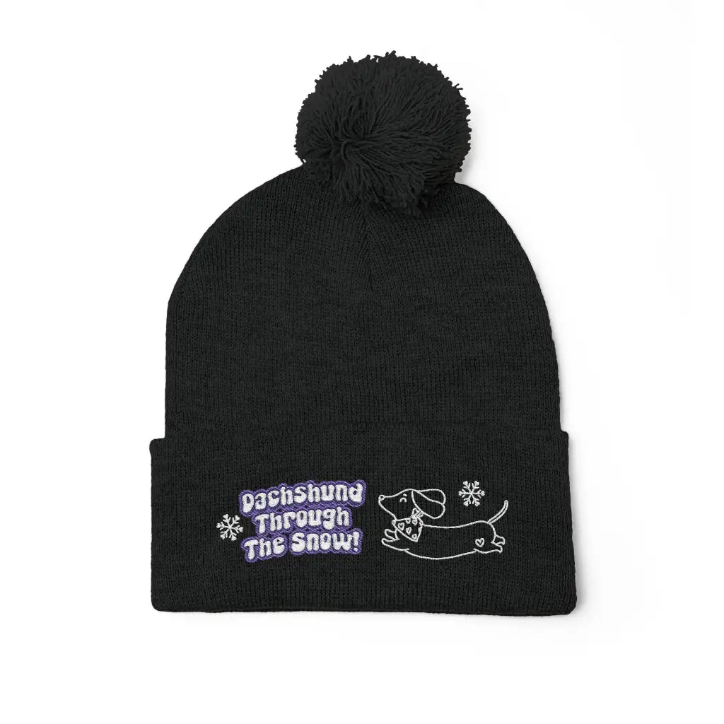 Cozy embroidered beanie with dachshund art by Sweet Roo Bou. A playful winter hat in six colors for dog lovers and fun