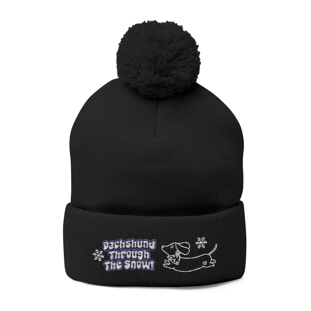 Cozy embroidered beanie with dachshund art by Sweet Roo Bou. A playful winter hat in six colors for dog lovers and fun