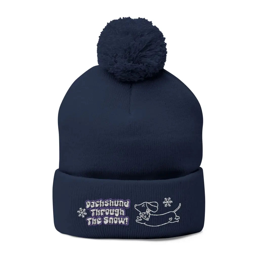 Cozy embroidered beanie with dachshund art by Sweet Roo Bou. A playful winter hat in six colors for dog lovers and fun