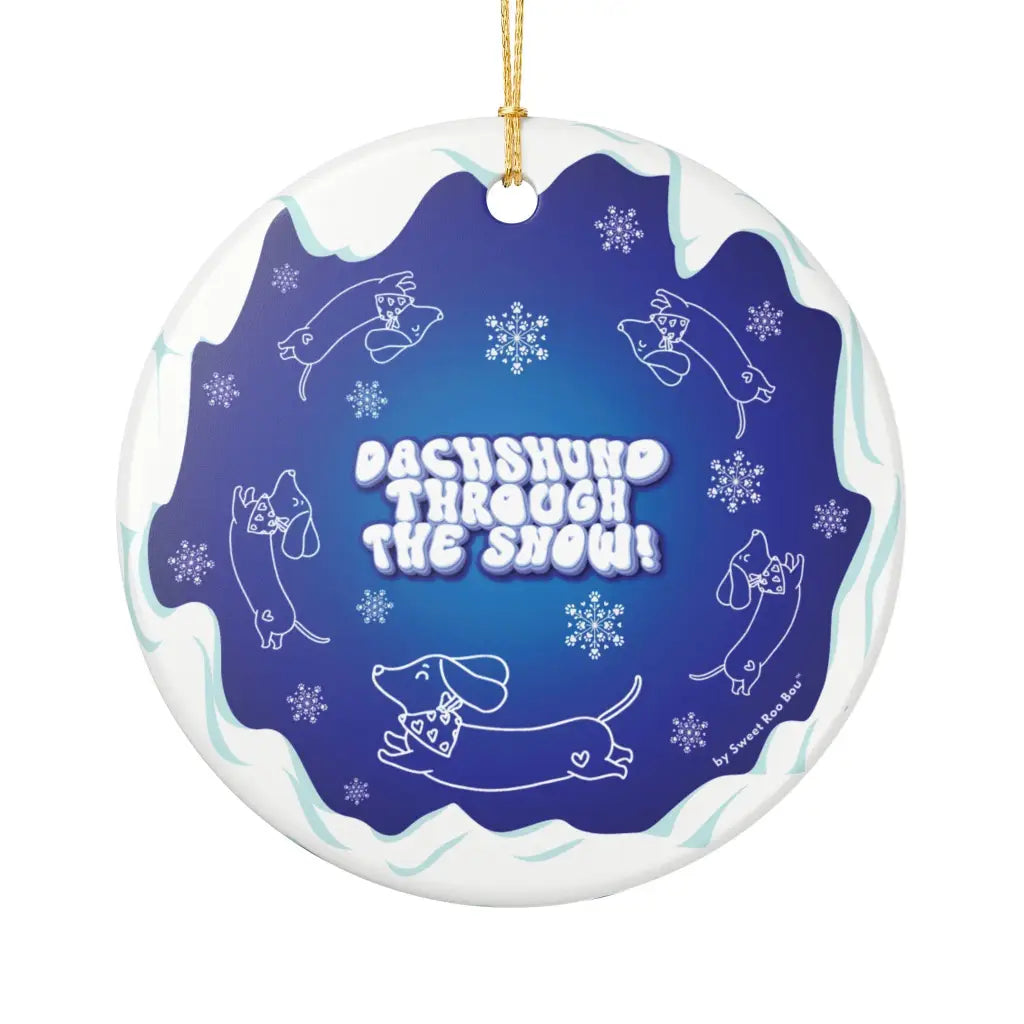 Exclusive Sweet Roo Bou™ ceramic ornament with dachshund art. A glossy giftable keepsake for dog lovers and holiday