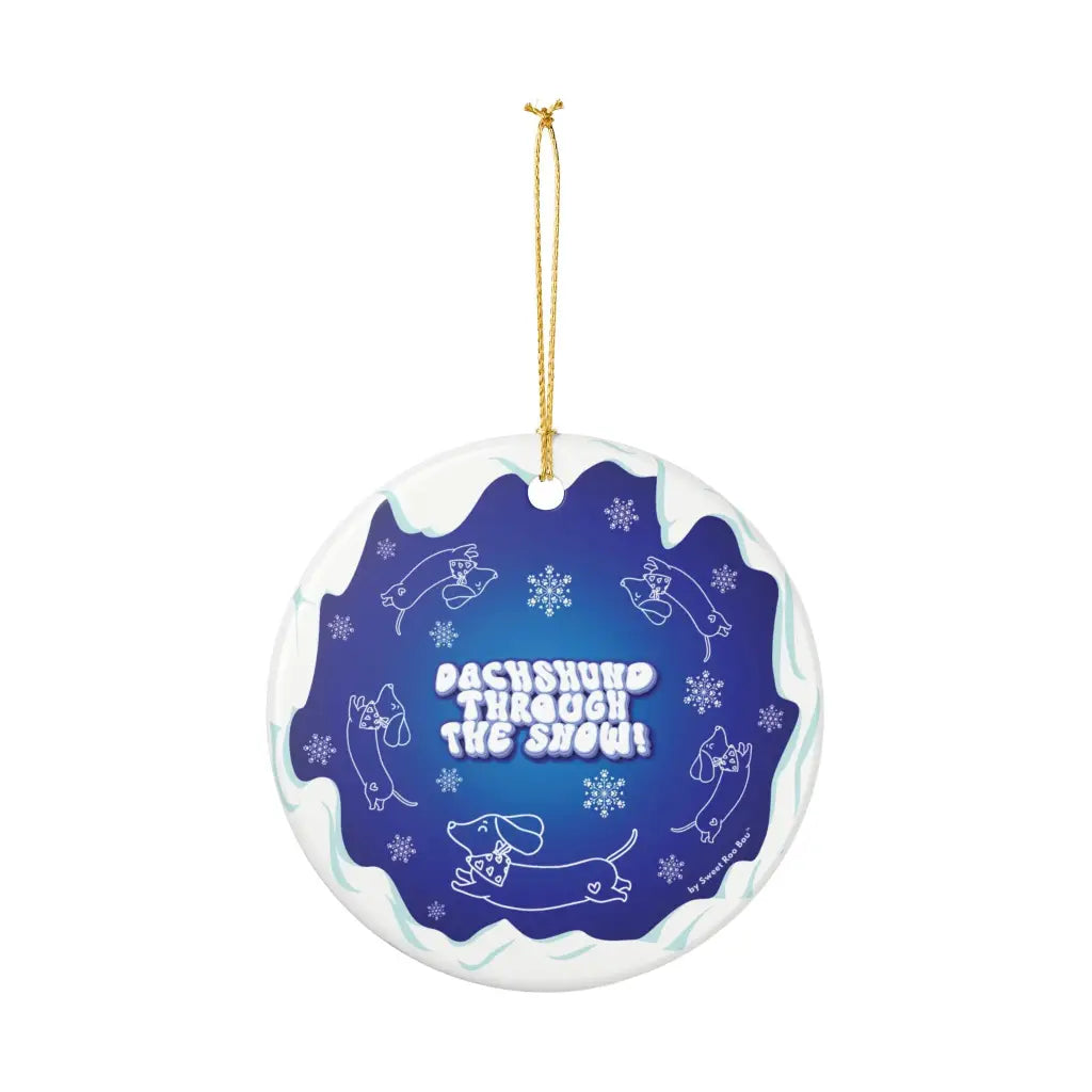 Exclusive Sweet Roo Bou™ ceramic ornament with dachshund art. A glossy giftable keepsake for dog lovers and holiday