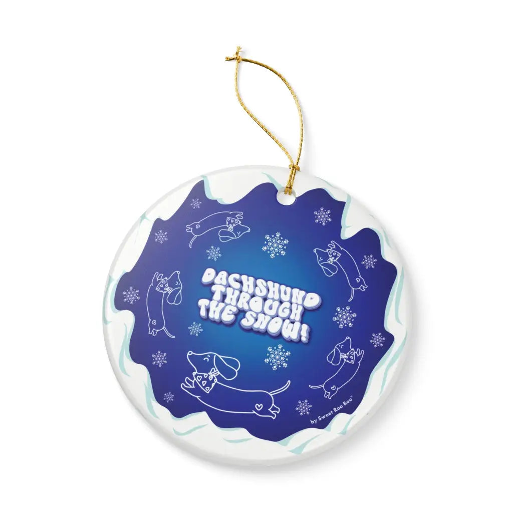 Exclusive Sweet Roo Bou™ ceramic ornament with dachshund art. A glossy giftable keepsake for dog lovers and holiday