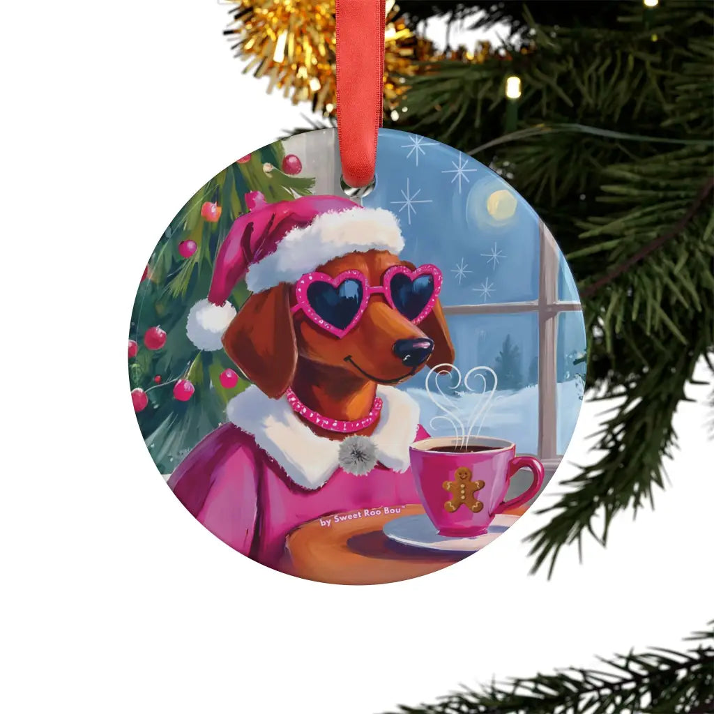 Doxie Claus in Pink Holiday Acrylic Ornament
