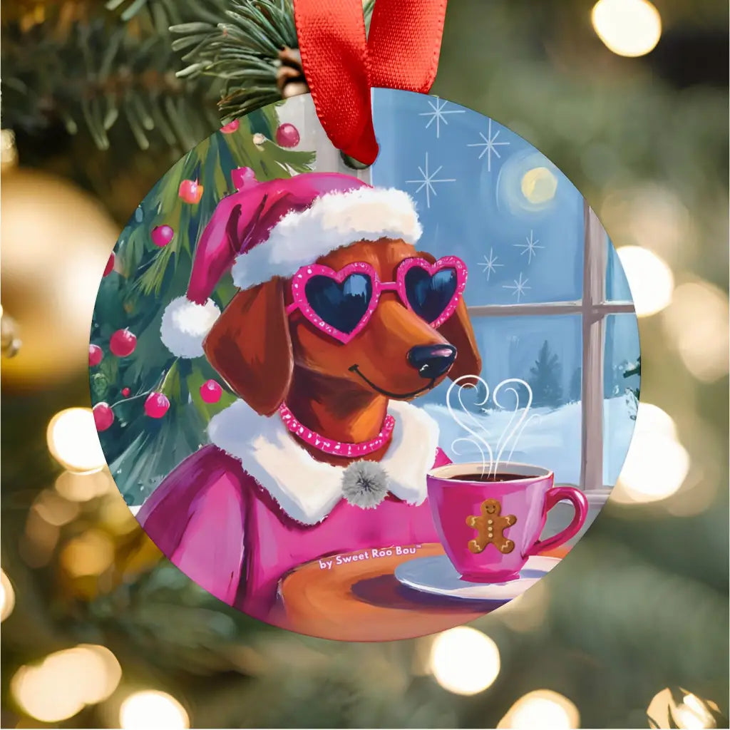 Doxie Claus in Pink Holiday Acrylic Ornament