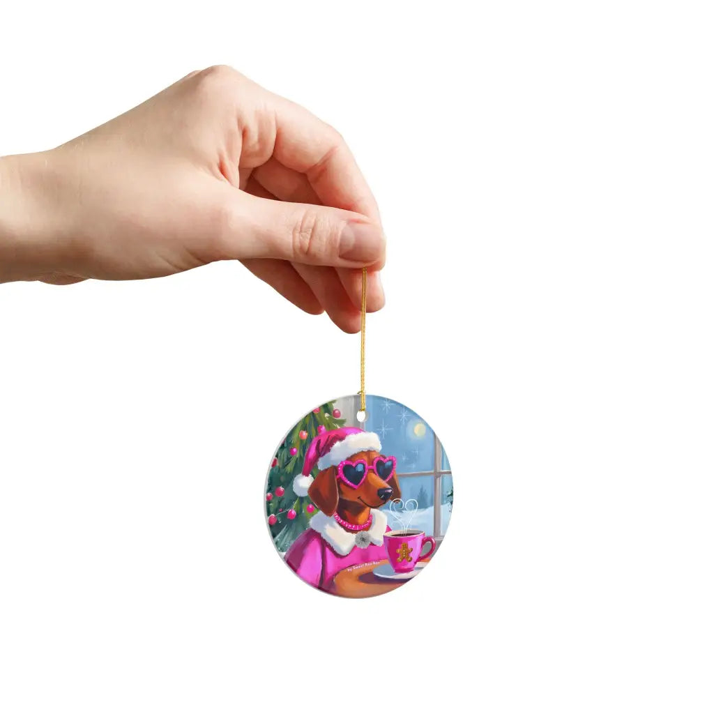 Doxie Claus in Pink Holiday Ceramic Ornament