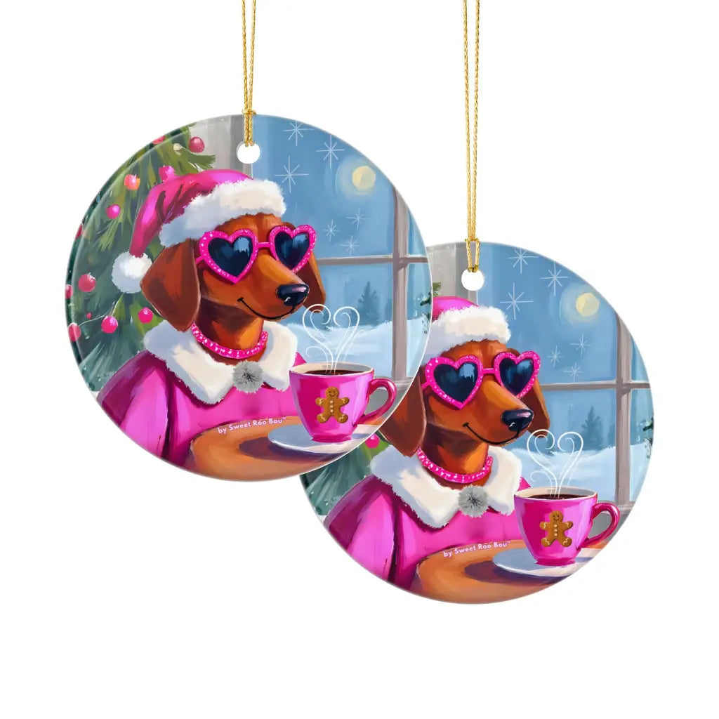 Doxie Claus in Pink Holiday Ceramic Ornament