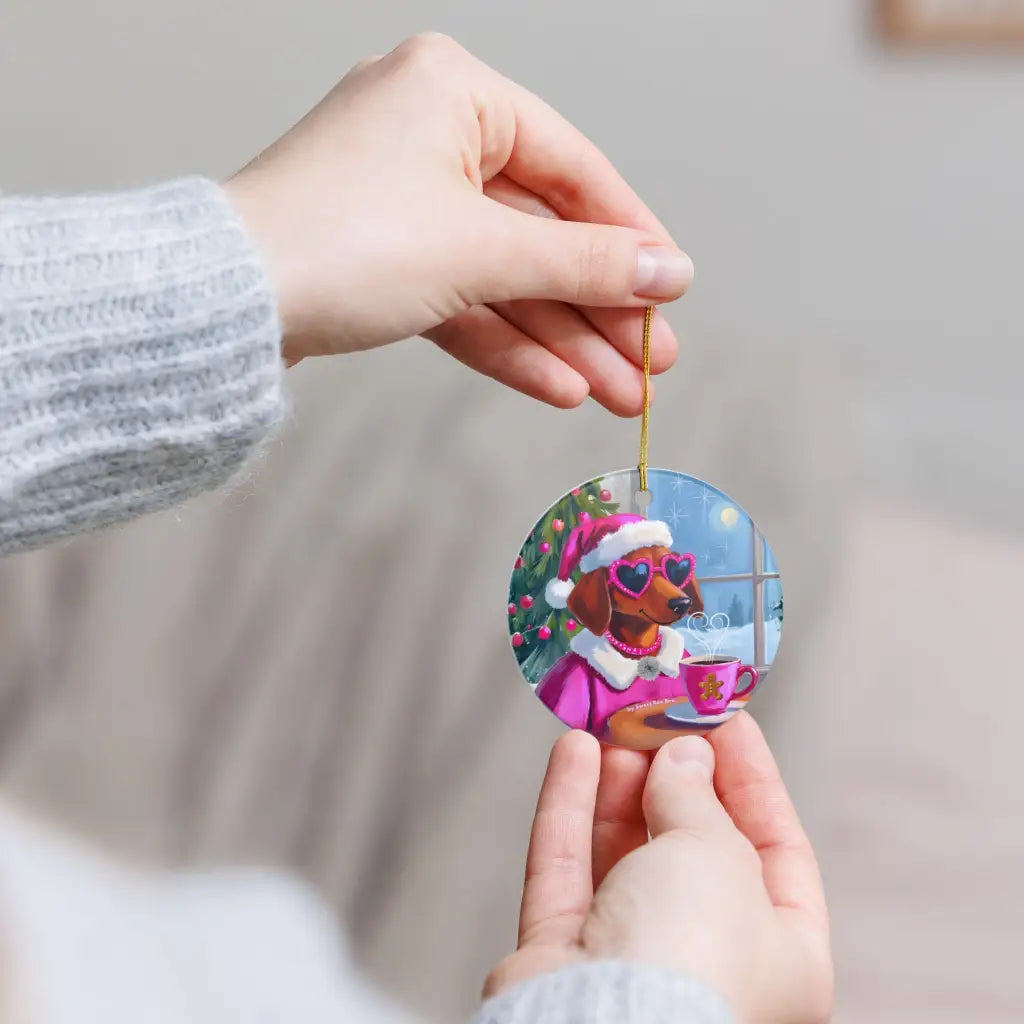 Doxie Claus in Pink Holiday Ceramic Ornament