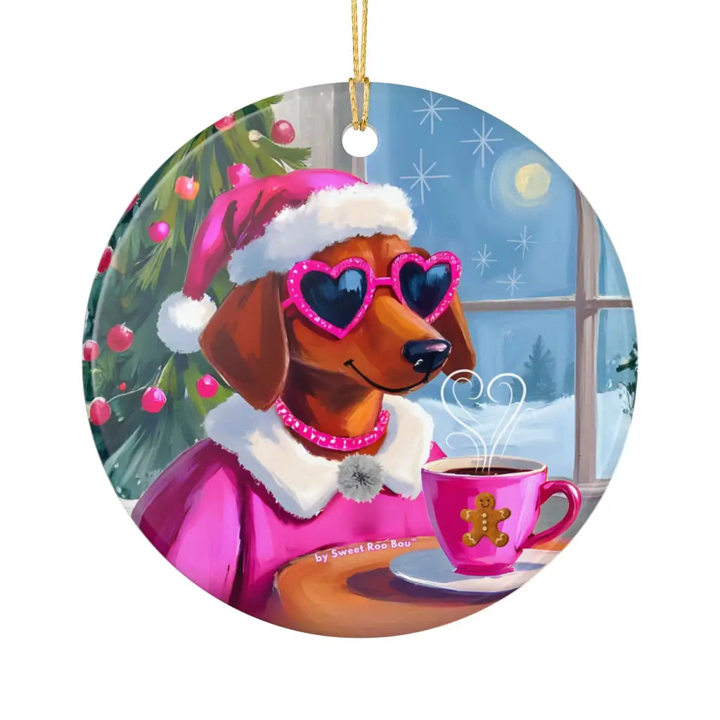 Doxie Claus in Pink Holiday Ceramic Ornament