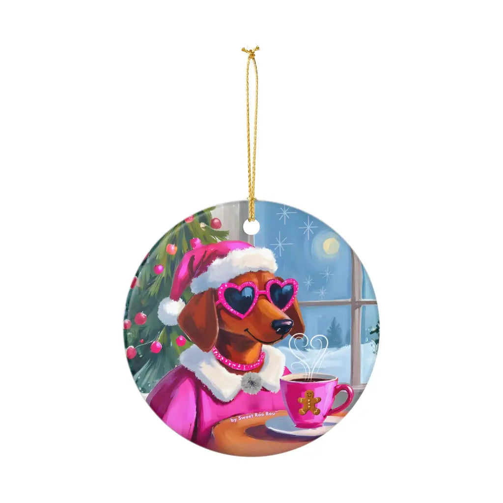 Doxie Claus in Pink Holiday Ceramic Ornament