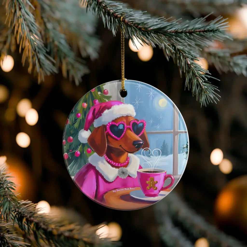 Doxie Claus in Pink Holiday Ceramic Ornament