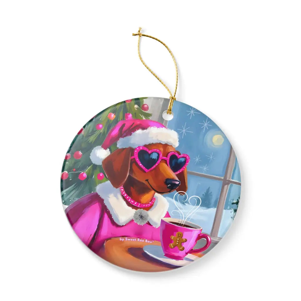 Doxie Claus in Pink Holiday Ceramic Ornament