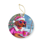 Doxie Claus in Pink Holiday Ceramic Ornament