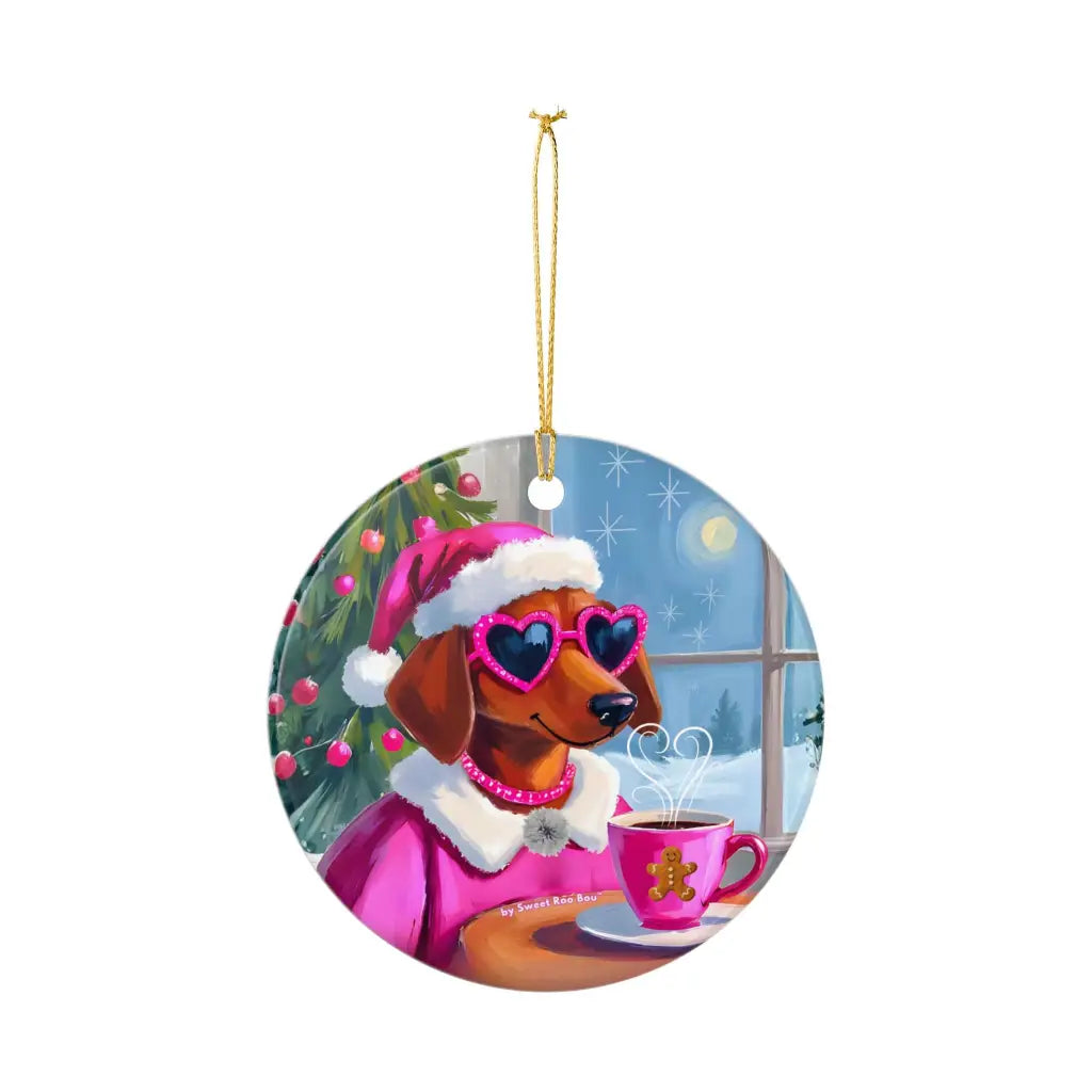 Doxie Claus in Pink Holiday Ceramic Ornament