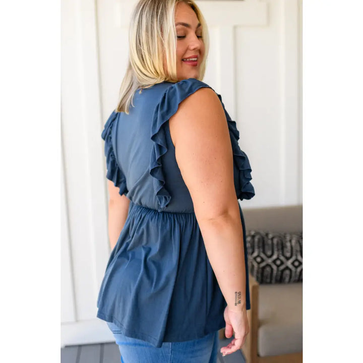 Dusty Blue Ruffled Babydoll Top - Tops