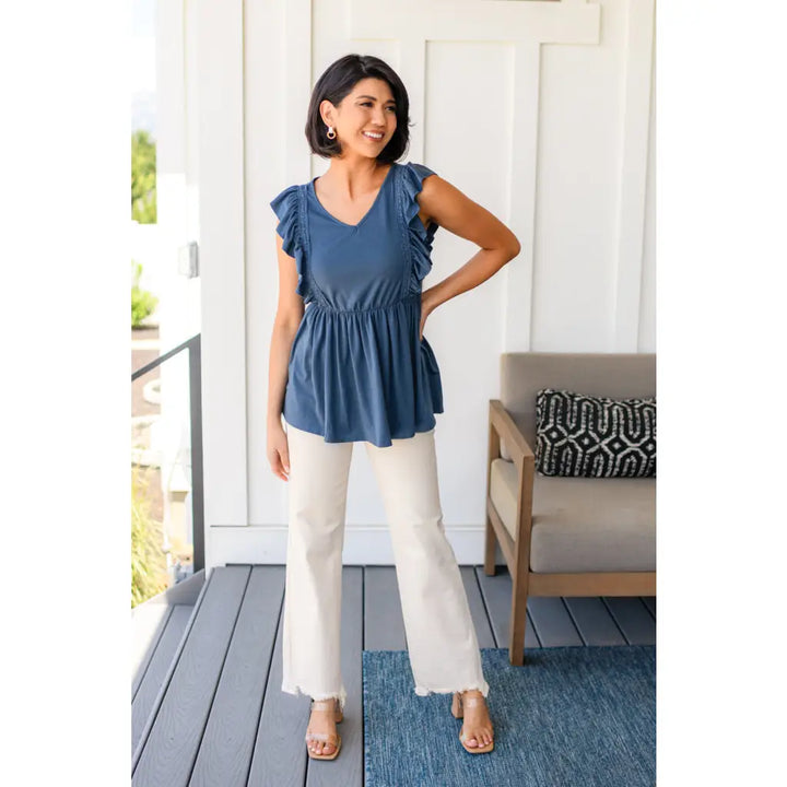 Dusty Blue Ruffled Babydoll Top - Tops