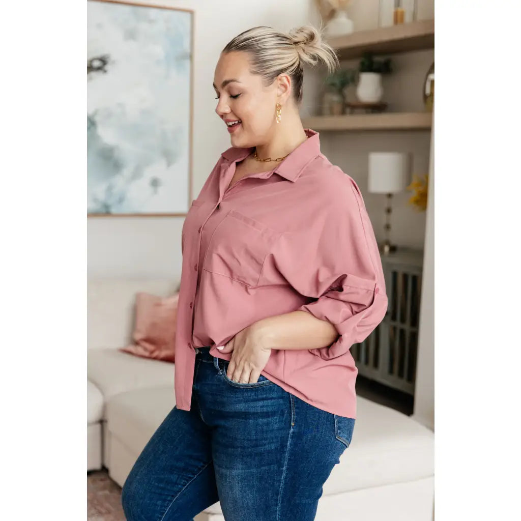 Dusty blush button up top S to 3XL plus size friendly and chic. Soft versatile polished for work or weekends