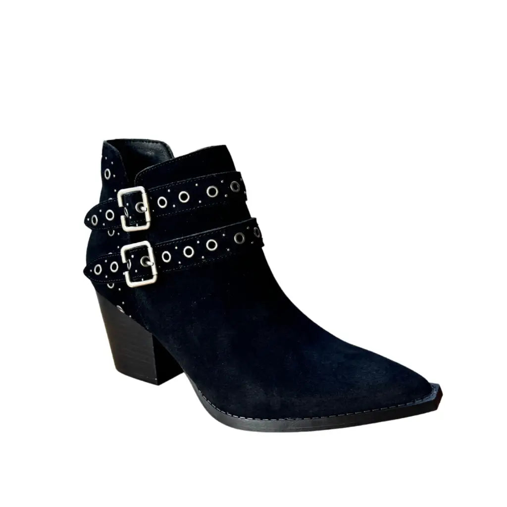 Step into timeless style with the Elsa Leather Ankle Boot in Black! Genuine suede stylish hardware and cushioned