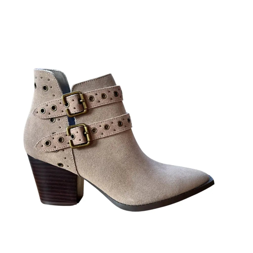 Timeless and versatile the Elsa Leather Ankle Boot in Taupe features a chic genuine suede with stylish hardware