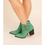 Make a statement with the Elsa Leather Ankle Boot in Teal! Genuine suede stylish hardware and cushioned comfort.