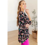 The Essential Blouse in Black and Pink Paisley is the perfect blend of style comfort. boat neck bat wing sleeve add