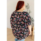 The Essential Blouse in Black and Pink Paisley is the perfect blend of style comfort. boat neck bat wing sleeve add