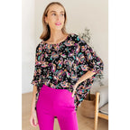 The Essential Blouse in Black and Pink Paisley is the perfect blend of style comfort. boat neck bat wing sleeve add