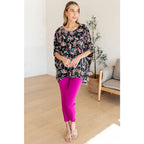 The Essential Blouse in Black and Pink Paisley is the perfect blend of style comfort. boat neck bat wing sleeve add