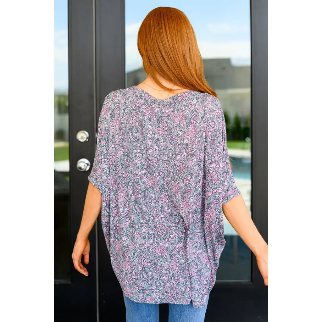 Our Essentially You Blouse in Grey and Pink Paisley is made with a light-weight cooling wrinkle-resistant bulgari