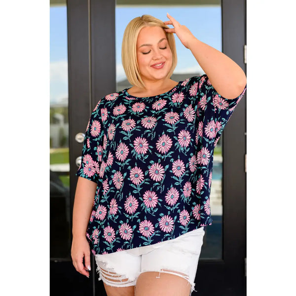 Essentially You Blouse in Navy and Pink Daisies - Tops