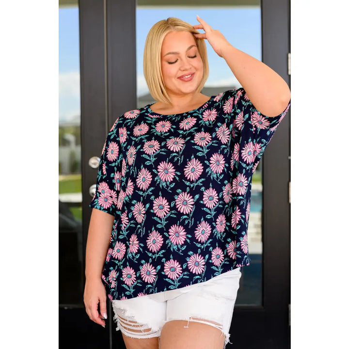 Essentially You Blouse in Navy and Pink Daisies - Tops