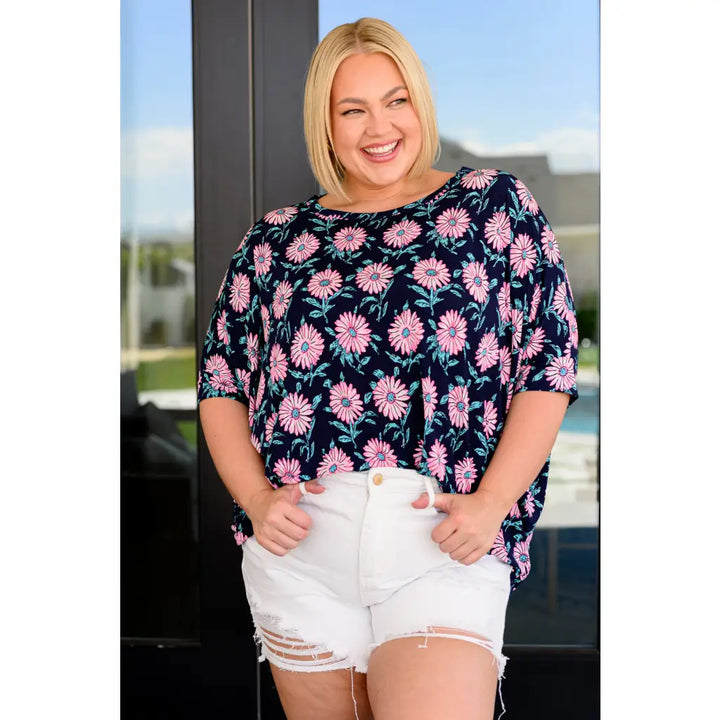 Essentially You Blouse in Navy and Pink Daisies - Tops