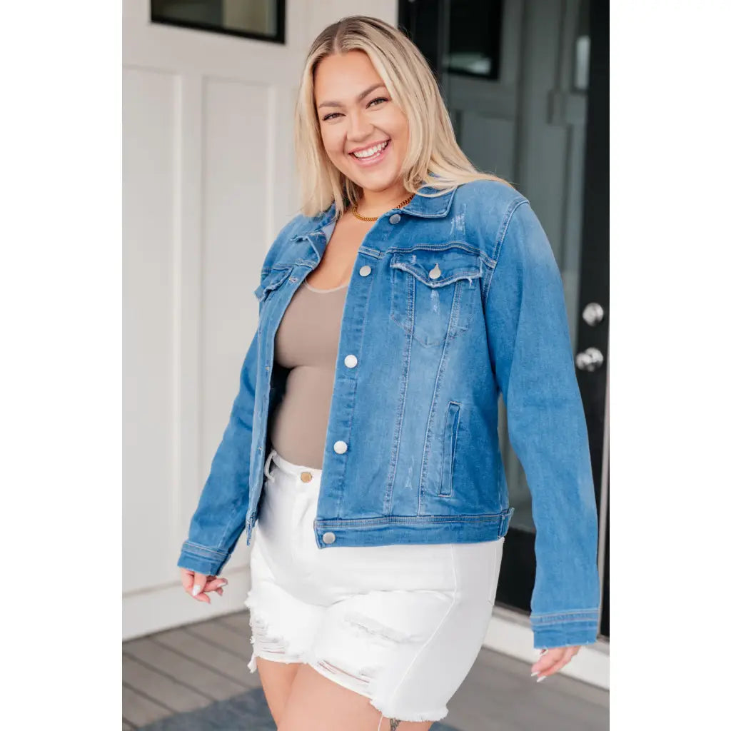 Elevate your denim game with our Every Occasion Button Up Jacket! This versatile medium wash piece features a collared