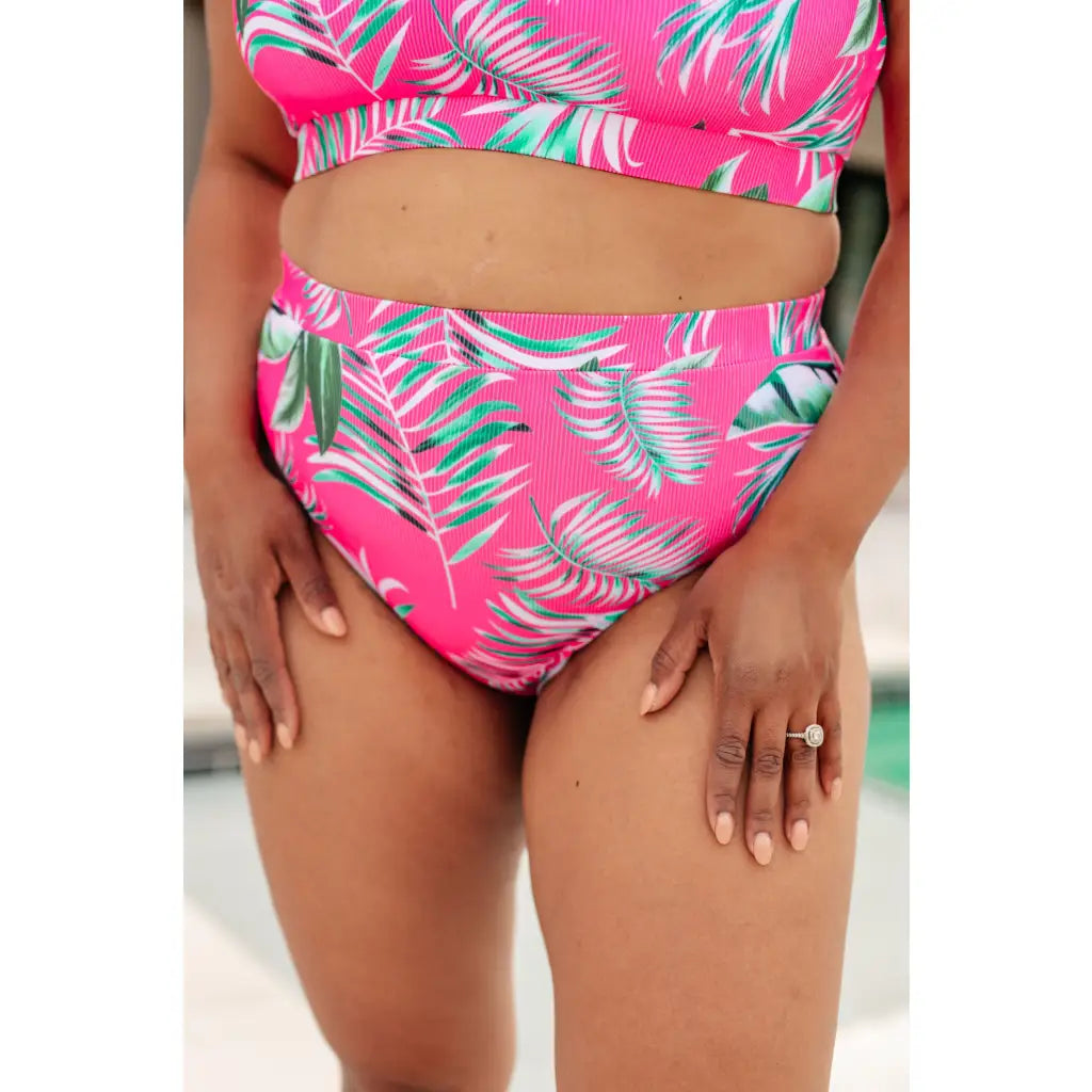 High waisted pink tropical swim bottoms plus sizes included. Ribbed cheeky cut and made to flatter every curve.