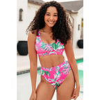 High waisted pink tropical swim bottoms plus sizes included. Ribbed cheeky cut and made to flatter every curve.