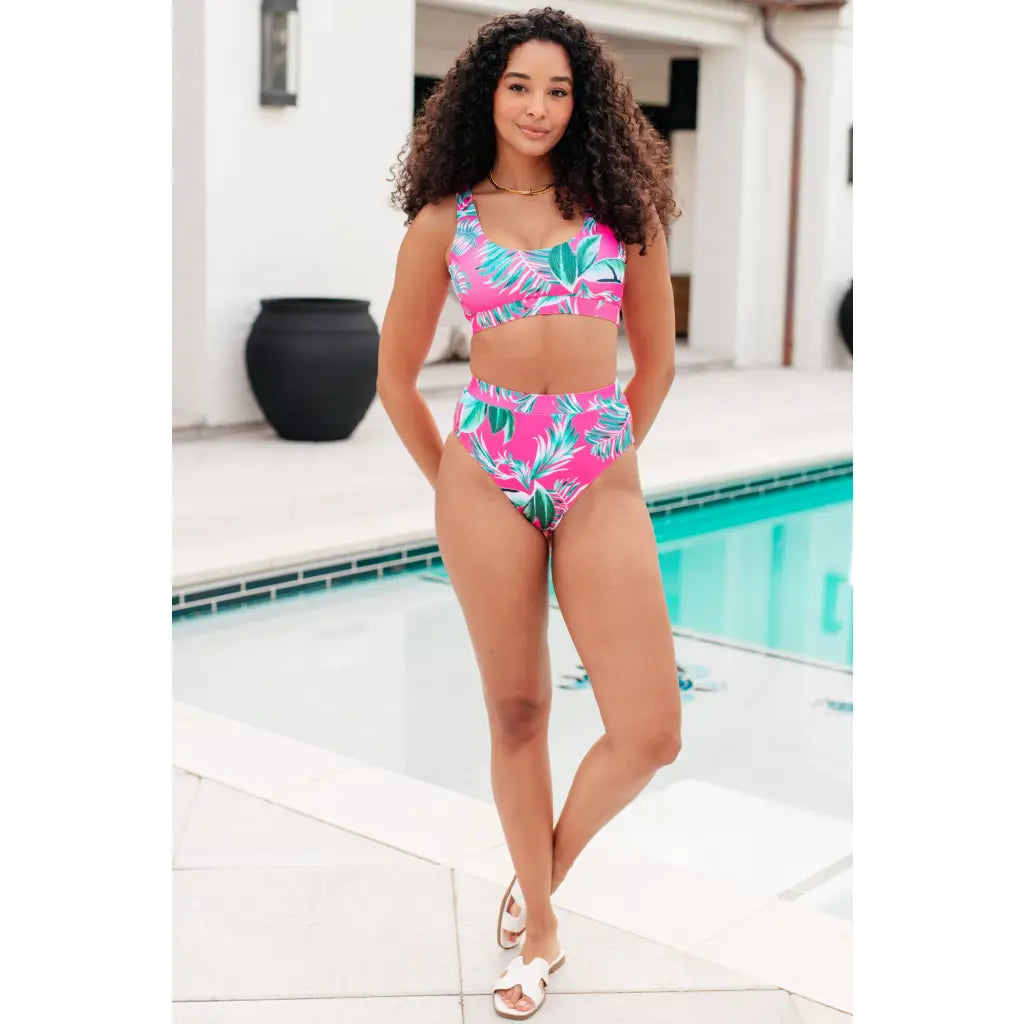 High waisted pink tropical swim bottoms plus sizes included. Ribbed cheeky cut and made to flatter every curve.