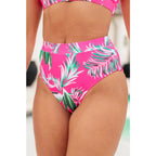 High waisted pink tropical swim bottoms plus sizes included. Ribbed cheeky cut and made to flatter every curve.