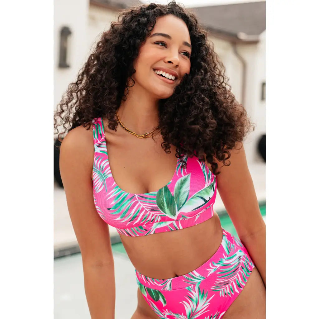 Feel bold in our Pink Tropical Swim Top plus sizes included. Ribbed supportive removable cups - made for sunshine-ready