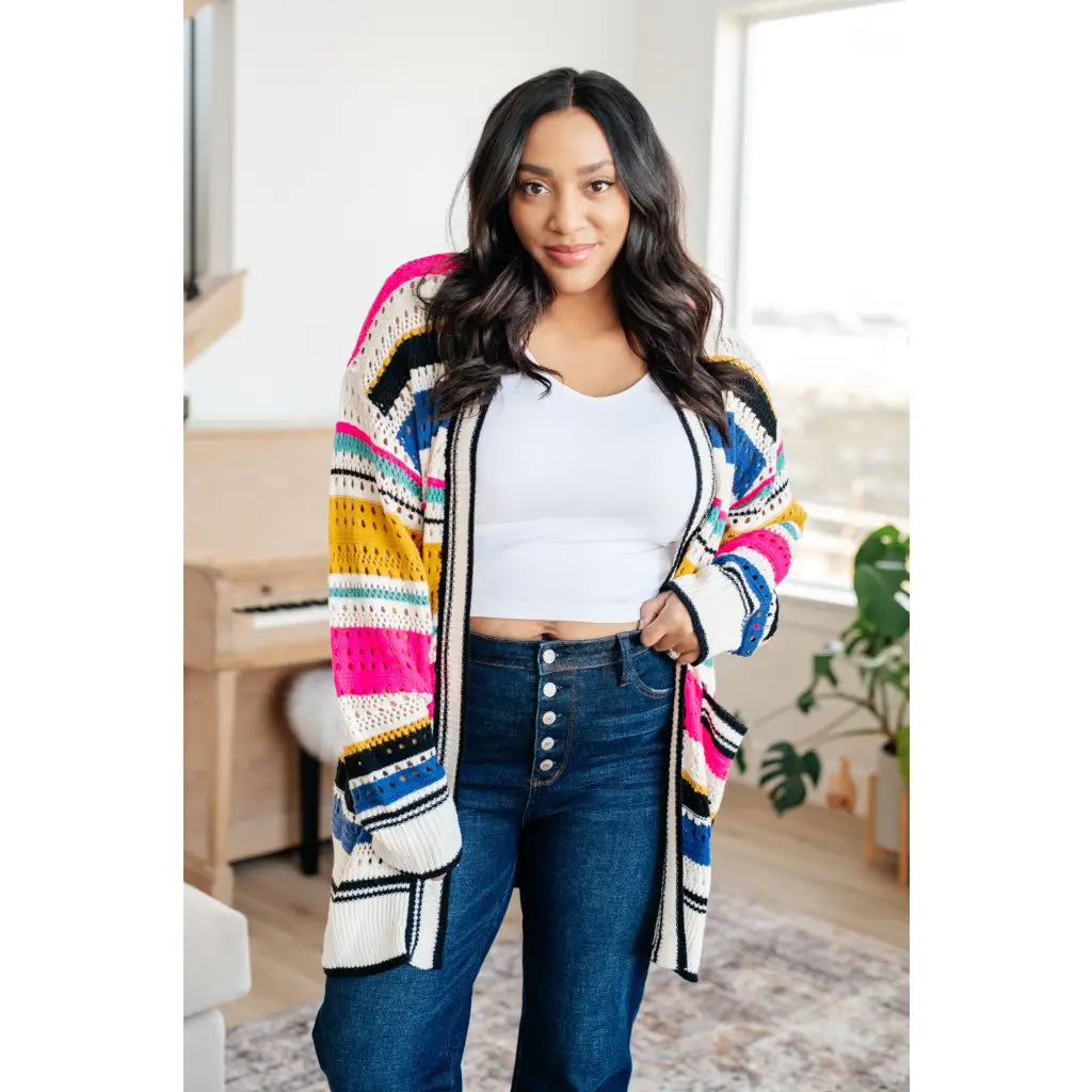 Our Felt Cute Striped Cardigan is effortlessly fashionable combining novelty mid-weight knit and bold stripes to make