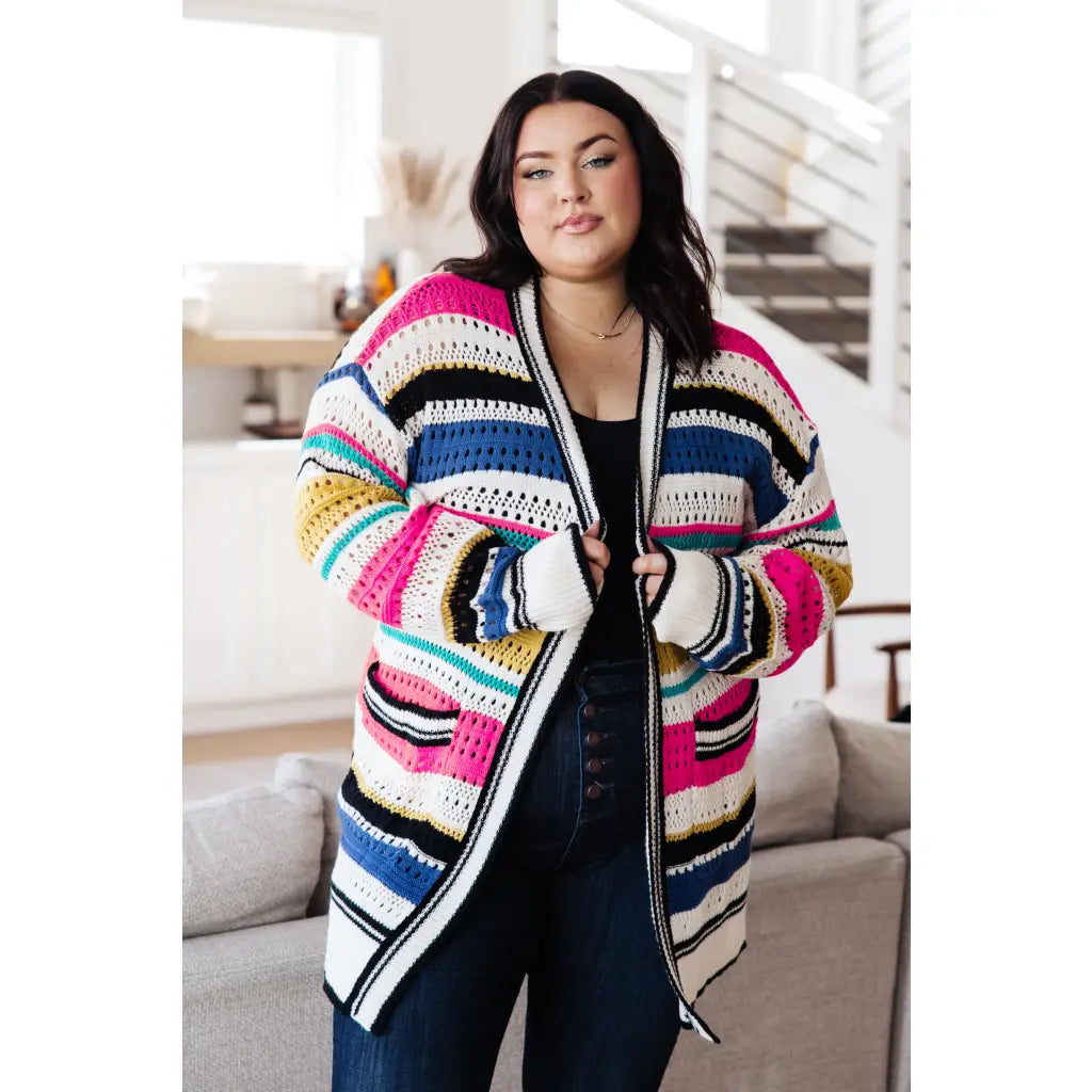 Our Felt Cute Striped Cardigan is effortlessly fashionable combining novelty mid-weight knit and bold stripes to make