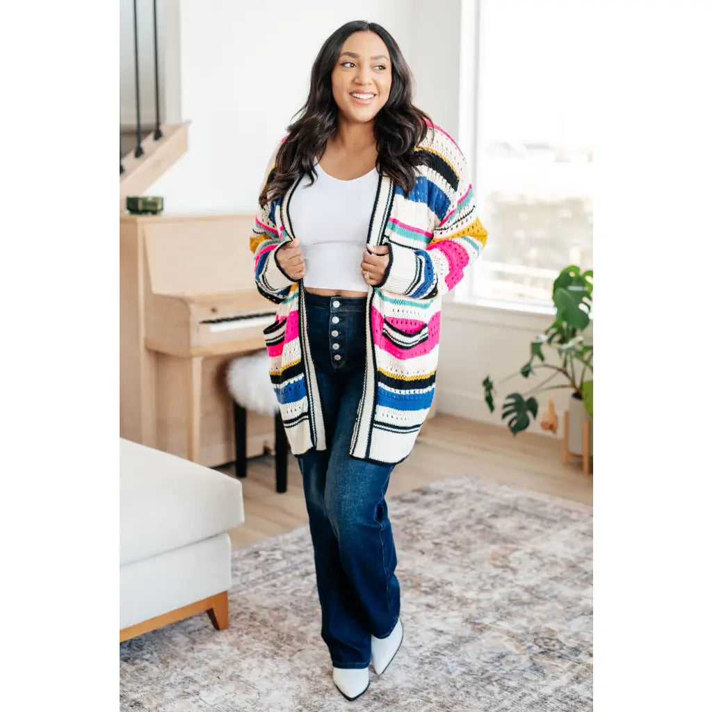 Our Felt Cute Striped Cardigan is effortlessly fashionable combining novelty mid-weight knit and bold stripes to make