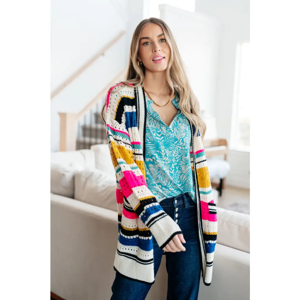 Our Felt Cute Striped Cardigan is effortlessly fashionable combining novelty mid-weight knit and bold stripes to make