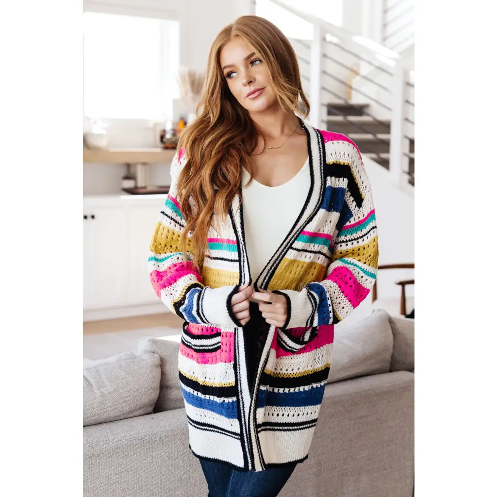 Our Felt Cute Striped Cardigan is effortlessly fashionable combining novelty mid-weight knit and bold stripes to make