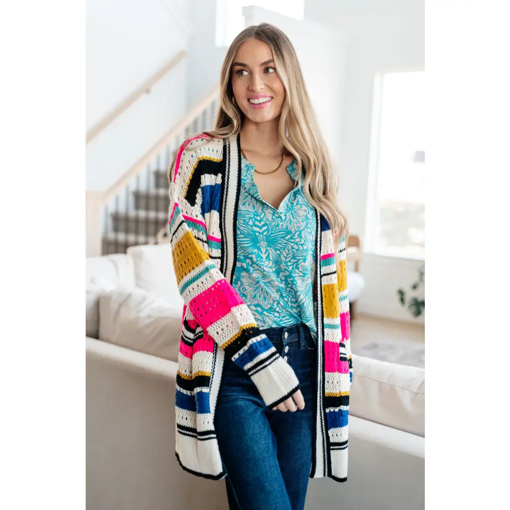 Our Felt Cute Striped Cardigan is effortlessly fashionable combining novelty mid-weight knit and bold stripes to make