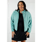 Keep your serve stylish with our Fit Happens Nylon Tennis Jacket in Teal. The high neckline and bubble gathered detail