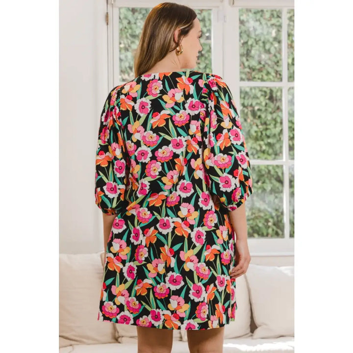 Floral Puff Sleeve Mini Dress - Dresses