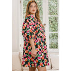 Our Floral Puff Sleeve Mini Dress exudes a feminine vibe with its delicate floral pattern on black background