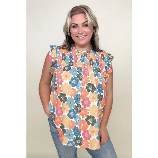 Floral Smocked Ruffle Detail Top - S - Tank Tops & Camis