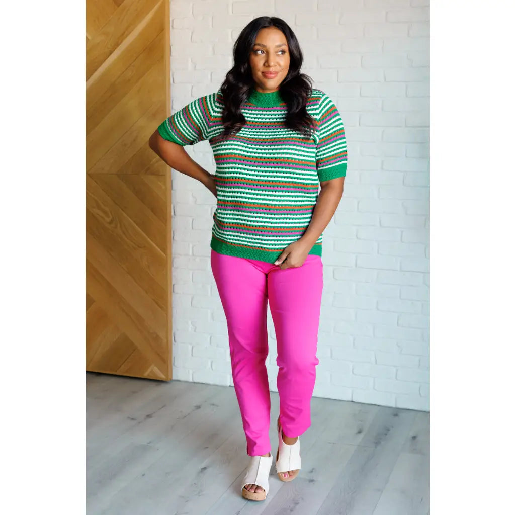 Shop our striped knit top in plus and standard sizes SM-3XL. High stretch sweater with flattering fit vibrant color